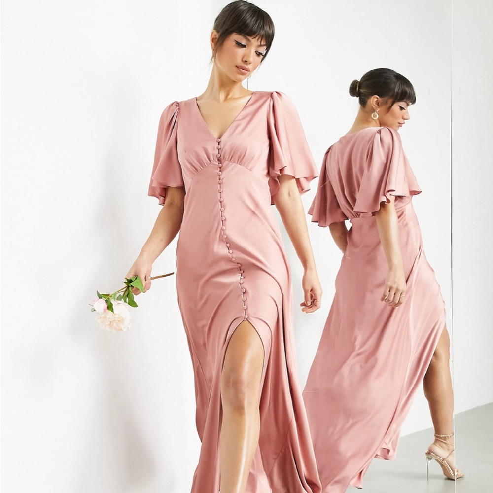 ASOS EDITION satin flutter sleeve maxi dress with button front in dusky rose